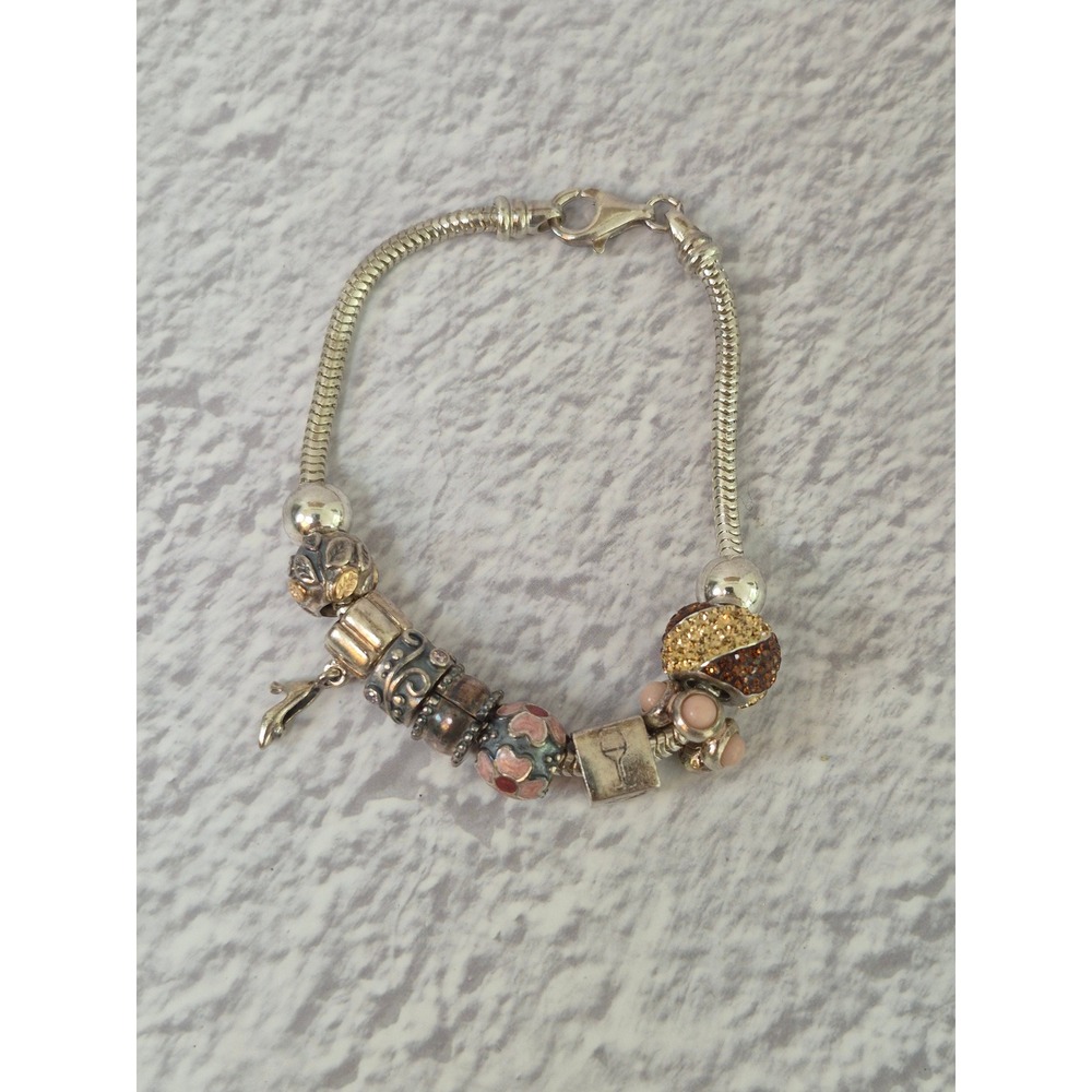 Sterling PANDORA Bracelet 8 CHARMS Wine Glass Dance Shoe Leaves Floral Bling